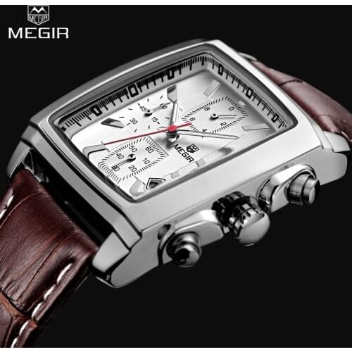2017 New Luxury Brand MEGIR Mens Sports Chronograph Watch Genuine Leather Quartz Mens Military Wrist watch Relogio Masculino