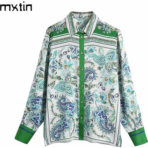 MXTIN 2021 Women Spring Vintage Floral Print Blouses Fashion Lapel Collar Long Sleeve Office Ladies Female Shirts Casual Tops