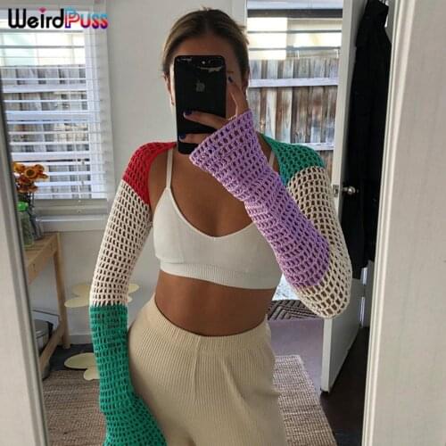Weird Puss Y2K Super Short Crop Top Hole Patchwork Contrast Color Autumn Trend Cool Girl Basic Wild Streetwear Style Skinny Tees
