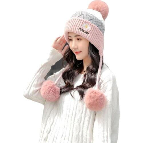 2020 New Winter Knitted Hats Women Patchwork Pompon Balls Earflap Caps Ladies Warm Thick Winter Beanies Female Beanie Hat
