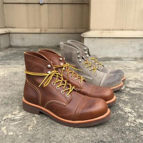 Yomior New Spring Winter Vintage Tooling Red Men Motorcycle Boots Quality Cow Leather Round Toe Wings Casual Ankle Boots Shoes