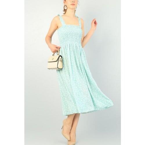 NEW SEASON FASHION SUMMER WOMEN WATER YEŞİLİ GİPELİ PİLELİ WOVEN DRESS 70387