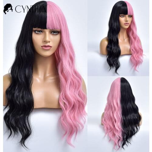 Long Half Black Pink Wave Natural Fiber Cosplay Synthetic Wig For White Women Daily Hair Female Heat Resistant Party Wavy Wigs