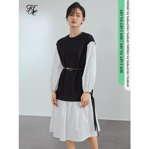 FANSILANEN Fake two piece spring midi dress Women patchwork casual black shirt dress Female belt bandage loose elegant dress