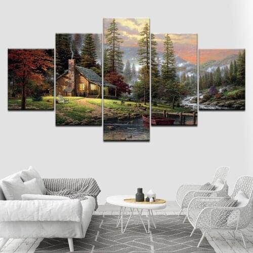 Full Square Diamond Painting 5 Panel Mountain River Tree house,Round Diamond Embroidery rhinestone Forest Landscape Wall Art,F30