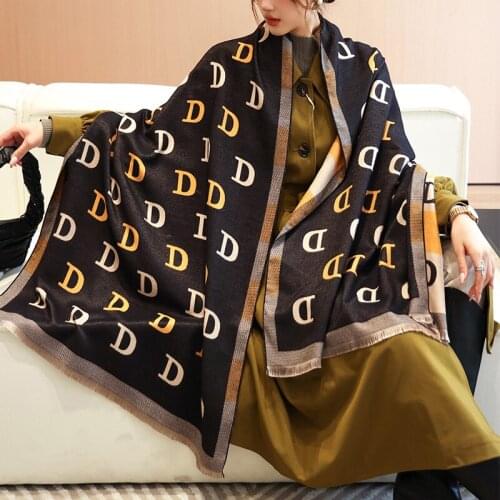 Luxury Brand Letters Print Winter Scarf Women Cashmere Warm Pashmina Foulard Female Scarves Long Blanket Thick Soft Shawls Wraps