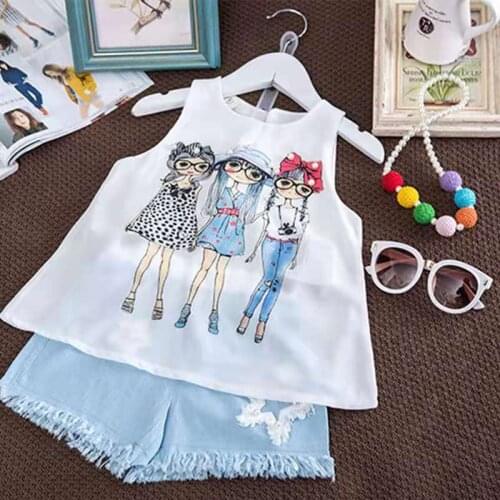 Retail childrens suits 2020 summer new childrens clothing girls fashion girls chiffon vest + denim shorts suit short pants