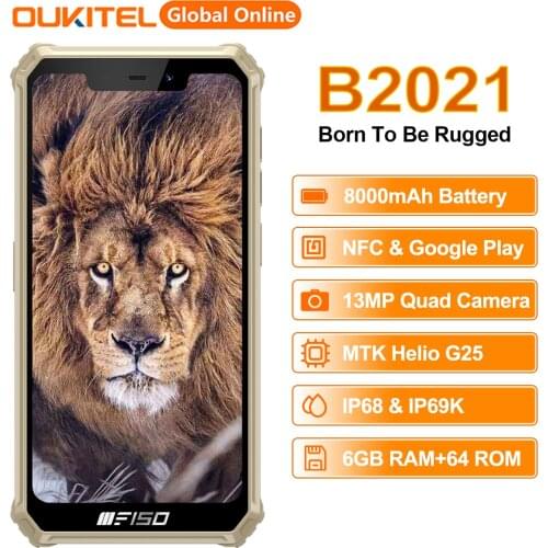 OUKITEL F150 NFC 8000mAh IP68 Waterproof Rugged Smartphone 13MP Quad Cameras 5.86'' 6GB+64GB Android 10.0 Octa Core Mobile Phone