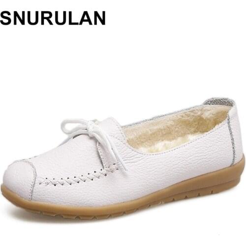 SNURULAN 2018 Autumn Women Flats Shoes Women Genuine Leather Shoes Ladies Fur Slip On Ballet Flats Loafers Female BallerinaE586