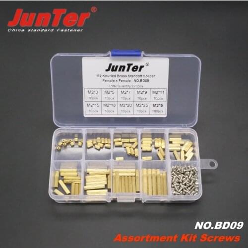 High-quality 270pcs M2 (2mm) Knurled Brass Standoff Spacer Female x Female With M2*5 Pan Head Screws Assortment Kit NO.BD09