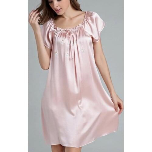 Womens 100% Pure Silk Round Neck Embroidery Sleep Dress Sleepwear Nightdress Nightgown YM012