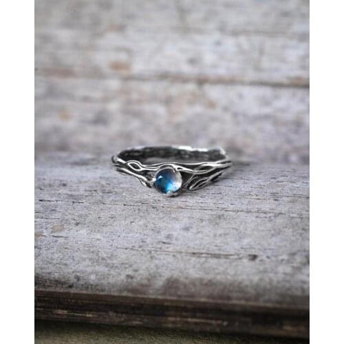 Original design natural moonstone opening adjustable ring dead tree winding retro blue light charm ladies brand silver jewelry