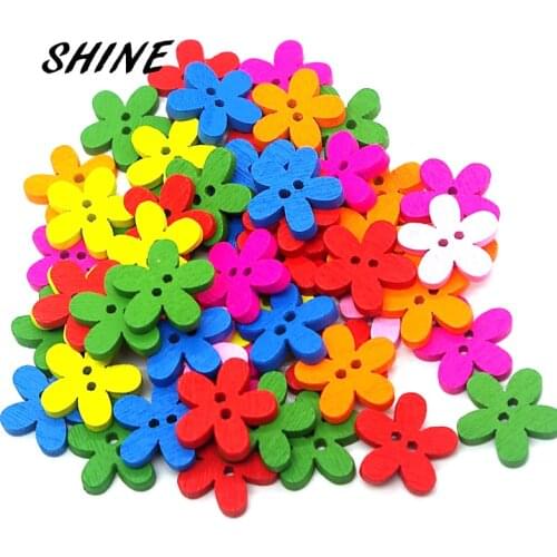 100pcs/lot Wooden Sewing Button Scrapbooking Flower Mixed Two Holes 15mm Costura Botones bottoni botoes W2046