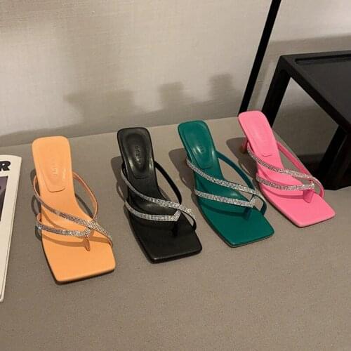2021 New Brand Women Slipper Fashion Bling Crystal Sandal Shoes Ladies Narrow Band Thin High Heel Slides Square Toe Pumps Shoes