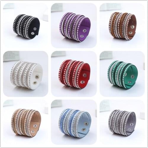 Free Shipping 9 Rows Rhinestone Paved Leather Bracelet Crystal Wide Wrap Velvet Bangle Adjustable Snap Button Closure Wrist Cuff