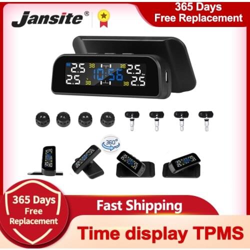 Jansite TPMS Wireless Car Tire Pressure Alarm Monitoring System Time Warning 360 degree Rotation Solar Power Charge tpms sensors