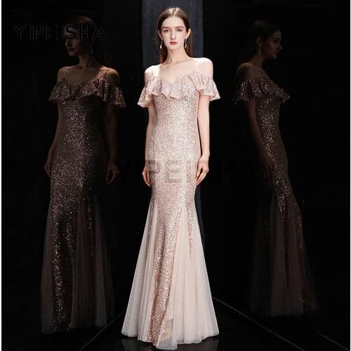 Glittery Spaghetti Strap Mermaid Evening Dress Ruffles Backless Elegant V-Neck Prom Party Gown robe de soirée de mariage