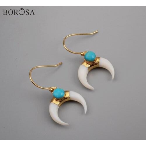 BOROSA 5Pairs Horn Gold Electroplated White Shell & Round Natural Turquoises Earrings Gems Natural Shell Dangle Earrings G1835