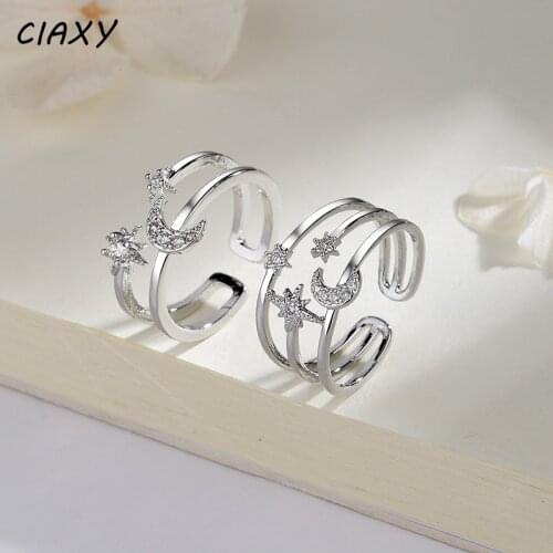 CIAXY 925 Sterling Silve Star Moon Rings Knuckle Finger Adjustable Opening Ring Female Multi-layer Design Crystal Jewelry
