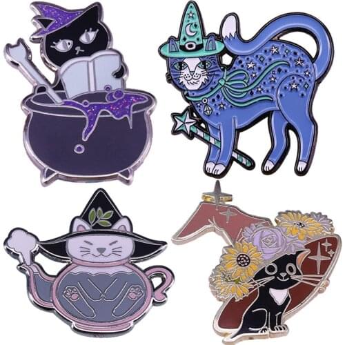 Witchy Cat Teapot Cauldron Enamel Pin Cute Kitty Badge Wizarding Pet Lovers Accessory