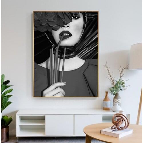 Modern Black And White Pretty Girl Canvas Painting Plant Poster Print For Living Room Bedroom Wall Art Nordic Minimalist Decor