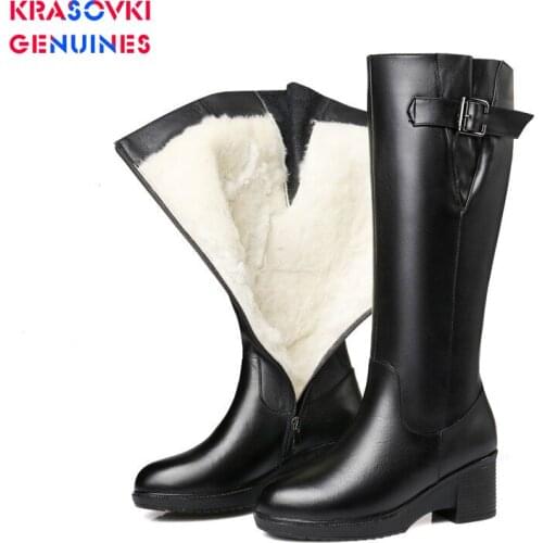 Krasovki Genuines Wool Women Snow Boots Warm Fur Warm Shoes Plush High Boots Platform for Women Genuine Leather Winter Boots