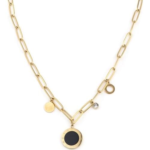Fashion Stainless Steel Link Cable Chain Findings Necklace Gold Color Metal Black Round Pendants Women Party Jewelry Gifts,1PC
