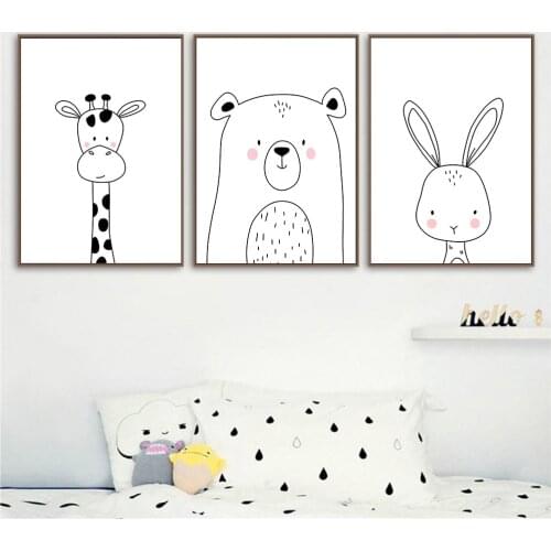 Cartoon Animal Art Print Painting Giraffe Bear Rabbit Poster Nursery Wall Art Black And White Prints Picture For Kids Room Decor