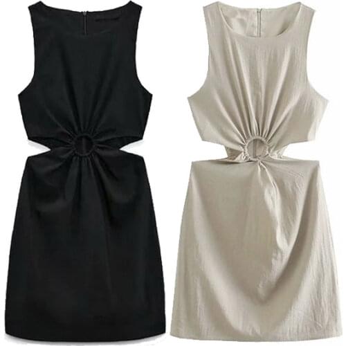 Nlzgmsj Za Dress For Woman 2021 Hollow Out Solid A-line Sleeveless Dresses Causal O-Neck Dresses Woman Mini Bodycon Dress 202107