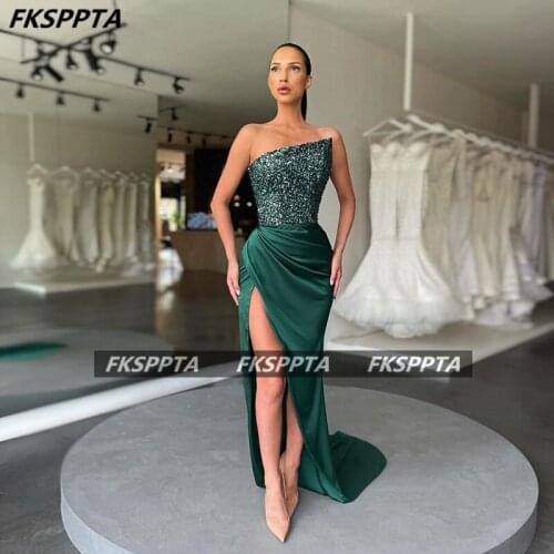 New Design 2021 Dark Green Long Formal Prom Dresses Strapless Sequins Top Side Slit Sexy Occasion Party Women Gowns Plus Size