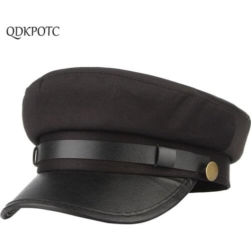 QDKPOTC 2018 Autumn Winter Men Women Military Hats Cotton Sailor Style Navy Caps Patchwork PU Brim Outdoor Female Hat Cap