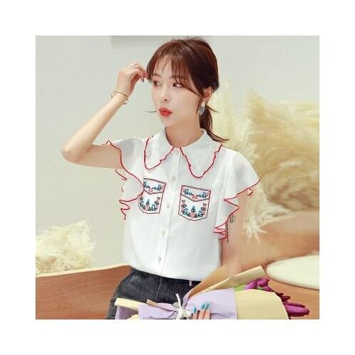2021 Summer New Korean Fairy Blouse Shirt Short Sleeve Formal Ruffles White Fashionable Clothing Blusas Sweet Tops