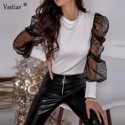 Elegant Lace Patchwork Women T-Shirt New Black White Long Puff Sleeve Casual Tops Oversized Skinny Tees