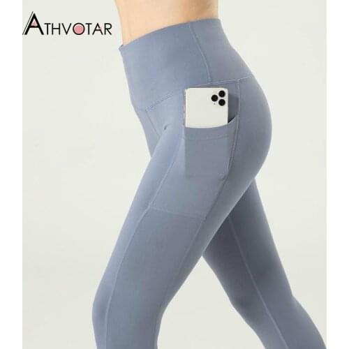 ATHVOTAR Leggings Women Fitness Sport with Pockets Elasticity High Waist Leggins Push Up Running Workout Gym Legging Women