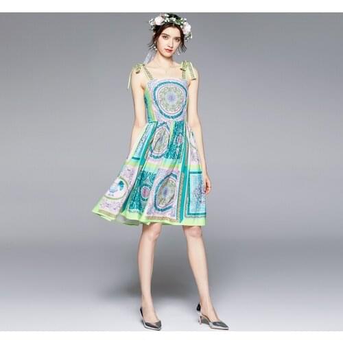 Women Summer Dresses Office Lady A-LINE Printing Mid-Calf Women Elegant Dress Spaghetti Strap Party Night 2021 New Women Dresses