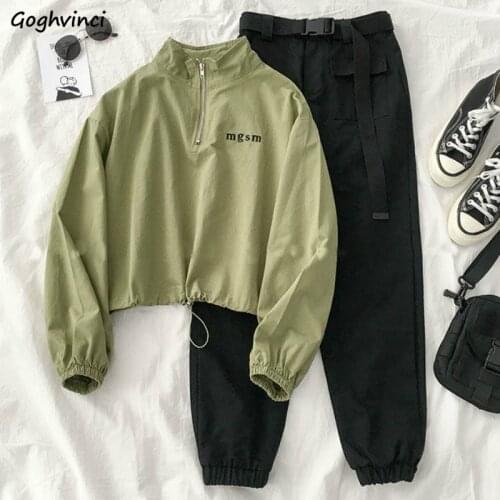 Women Sets Letter Printed Zipper Oversize Short Style Clothes Bundle Solid Cargo Pants Womens Chic Harajuku Stylish Streetwear