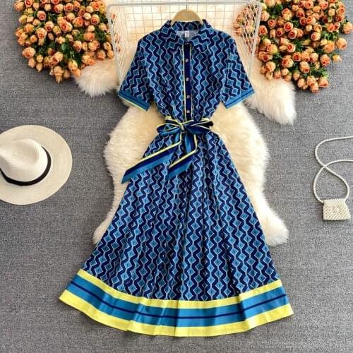 Banulin Fashion Runway Vintage Shirt Dress 2021 Summer Women Short Sleeve Geometry Pattern Office Work Midi Dresses with Belt