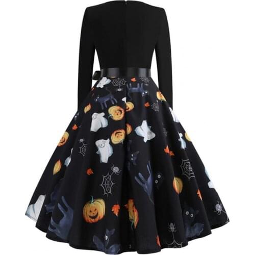 New Fancy Pumpkin Hallowen Womens Dress O Neck Bowknot Bat Loose Hem Lady Dress for Halloween Costume Festival Party Vintage