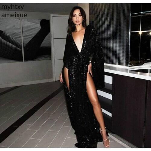 New Long Sleeves Black Sexy Event Evening Dress 2020 V Neck High Thigh Split Women Wear Party Prom Gown Custom Made Plus Size