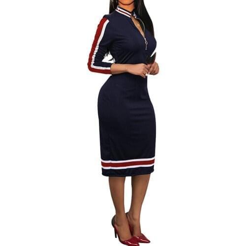 Women Spring Long Sleeve Dress Silver Zipper Half Neck Office Lady Stripe Color Matching Dress Stretch Bodycon Midi Dress D30