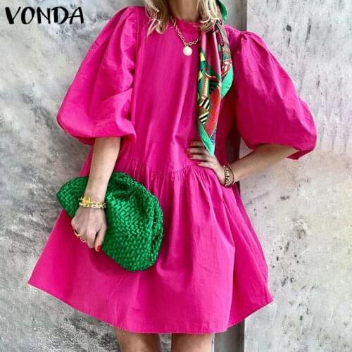 VONDA 2021 Summer Bohemian Sundress Women 3/4 Sleeve Pleated Ruffled Hem Vestido Solid Color Puff Sleeve Casual Midi Dresses