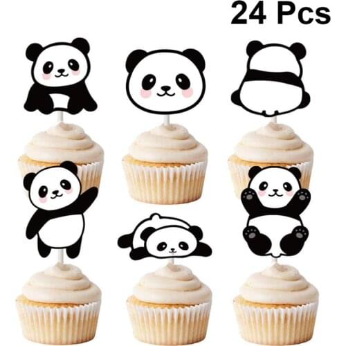 24pcs Cute Panda Shaped Cake Toppers Birthday Party Dessert Decoration Supplies Cupcakes Toppers Black White