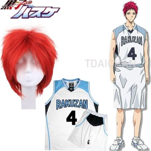 Anime Kurokos Basketball Akashi Seijuro Rakuzan School Red Short Hair COS Wig Halloween Party+Wig Cap Basketball Jersey No.4