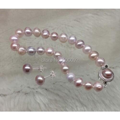 Natural purple 6-7mm freshwater pearl Bracelets 925 silver stud earring