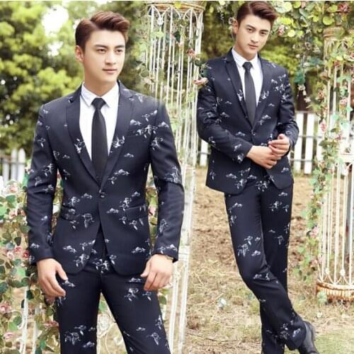 Black 2020 new arrival slim men printing suit set with pants mens wedding suits fashion formal dress mens groom suit + pant