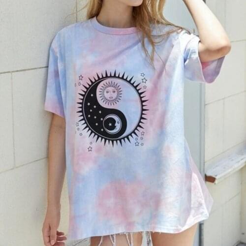 Tie-dye T-Shirt Tai Chi Printed Sun Moon Tops Loose O Neck Pullover 2021 Summer New Womens Oversize Tee Shirts Pink Colorful