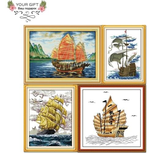 Joy Sunday F054(1)(2)(3)(4) 14CT 11CT Counted and Stamped Home Decoration Sailing Cross Stitch Printed on Canva