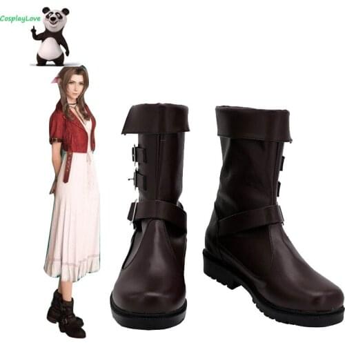 Final Fantasy VII 7 Aerith Gainsborough Brown Shoes Cosplay Long Boots Leather Custom Made For Party Christmas Halloween