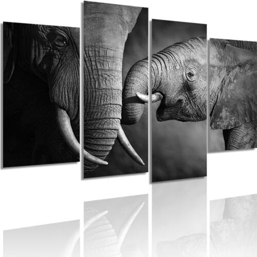 Baby Elephant with its Mum 4 Panels Canvas Painting HD Poster Wall Art Print Pictures Living Room Interior Home Decoration Frame
