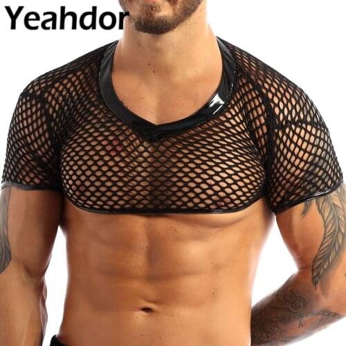 Mens Sexy Fishnet Mesh T-Shirt Short Sleeve V Neck Vest Muscle Lingerie Crop Tank Top Clubwear Performance Costumes for Club